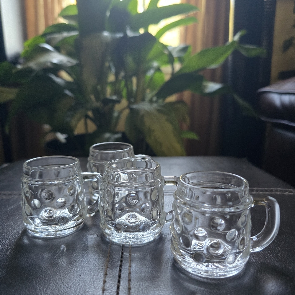 NWOT, Set of Four Schnapskrugerl Original bmf Clear Mini Hobnail Mugs